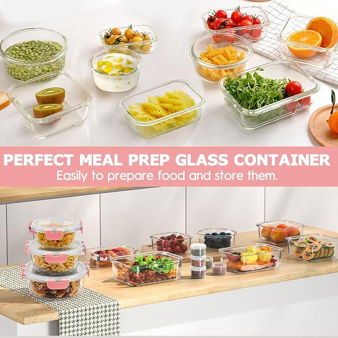34pcs Glass Food Storage Containers with Lids Set, Airtight Glass Meal Prep Containers (17 Containers & 17 Lids), Leak Proof Lunch Container BPA-Free, Microwave, Oven, Freezer, Dishwasher Safe-PINK