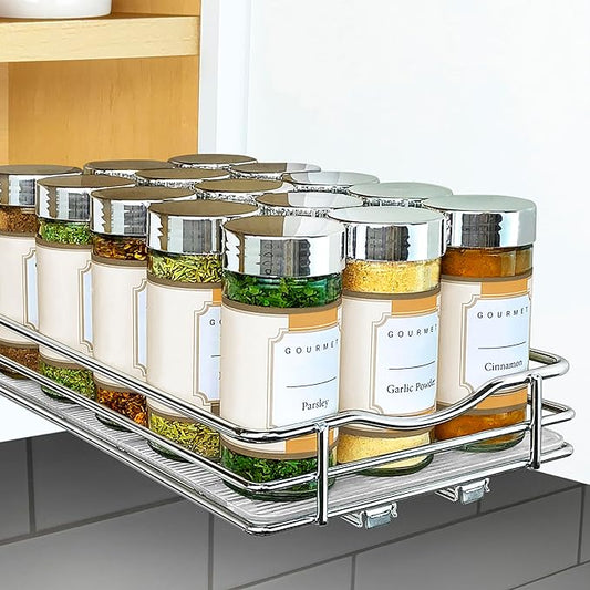 LYNK PROFESSIONAL® Pull Out Spice Rack Organizer for Inside Kitchen Cabinets - 6-3/8 inch Wide - Slide Out Drawer – Chrome Sliding Spice Organization for cabinet - Spice Racks - 1 Tier