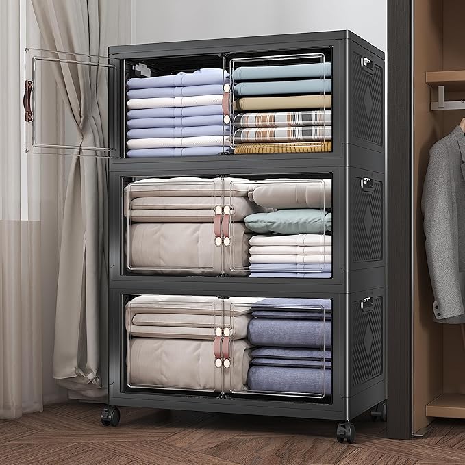 Extra Large Stackable Storage Bins with Lids & Wheels, 165QT-55QT/14GAL*3Pack Foldable Collapsible Closet Organizers Dark Storage Cabinet with Doors for Bedroom Dorm