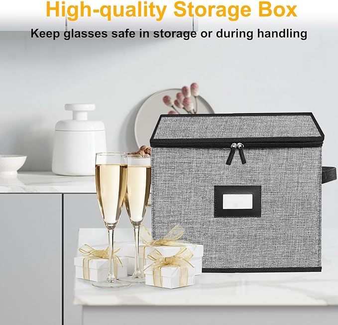 Champagne Flute Storage Box,Quilted Stemware Storage Box Hard Shell,Stackable Champagne Glass Container,Wine Glass, Crystal Glassware, Drinkware Case for Moving Transport(Grey)