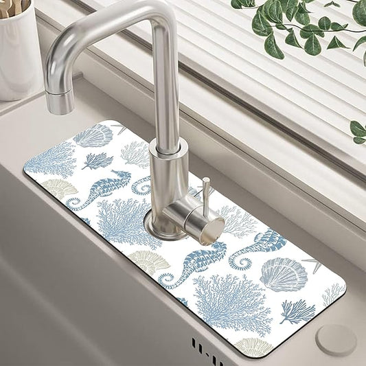Marine Seashell Seahorse Coral Kitchen Sink Splash Guard Mat Absorbent Fast Drying Mat Faucet Draining Mat Sink Splash Guard Behind Faucet Drip Catcher for Kitchen Bathroom 5.5"×15"