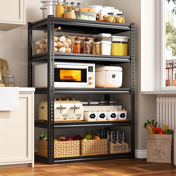 REIBII 5 Tier Storage Shelves, 2500LBS Adjustable Garage Shelving Unit, Metal Shelves for Pantry, Garage, Kitchen, Warehouse, Black, 65.74" H x 33.85" W x 15.35" D
