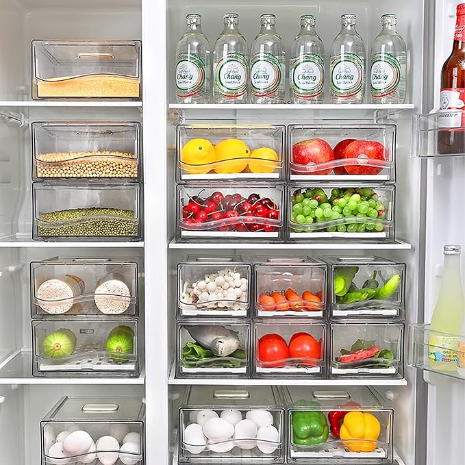 2 Pack Fruit Storage Containers for Fridge with Drain Board, Stackable Refrigerator Organizers and Storage,Reusable Food Storage Containers,Fridge Organizer Drawer for Produce,Vegetable,BPA-Free