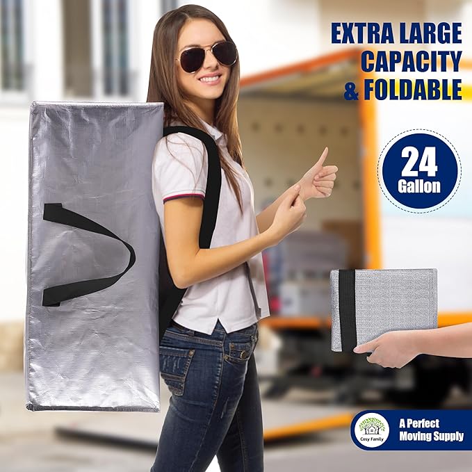 Cosy Family 12 Pack Heavy Duty Moving Bags with Backpack Straps - Strong Handles & Zippers, Storage Totes For Space Saving, Fold Flat, Alternative to Moving Box (X-Large-Set of 12, Silver)