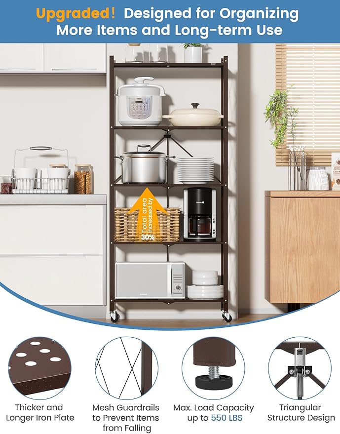 ALANNG 70.7" H Metal Storage Shelves, 5 Tier Folding Shelf on Wheels, Heavy Duty, No Assembly, Rolling, Collapsible Rack Unit for Kitchen, Basement, Pantry (Vintage Brown,4 Pack)
