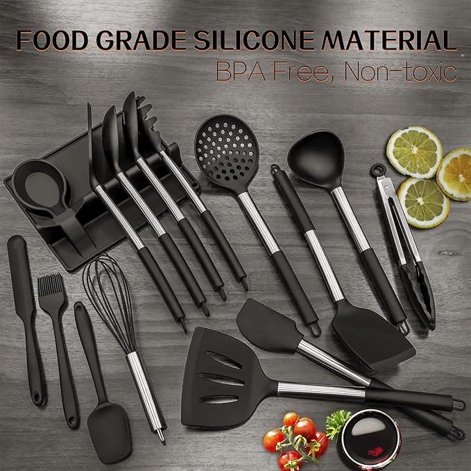 LeMuna Silicone Kitchen Utinsels Sets Heat Resistant Kitchen Utensils Set, Stainless Silicone Utensils Set for Nonstick Cookware, BPA Free, Dishwasher Safe