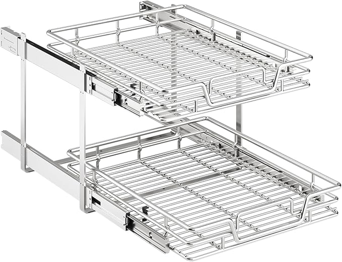 QUYUWU 2-Tier Kitchen Cabinet Pull Out Shelf and Drawer Organizer Slide Out Pantry Storaqe Basket in Multiple Sizes (18" W x 21" D)