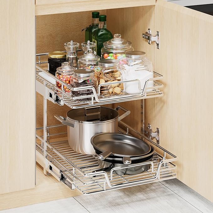 QUYUWU 2-Tier Kitchen Cabinet Pull Out Shelf and Drawer Organizer Slide Out Pantry Storaqe Basket in Multiple Sizes (15" W x18 D)