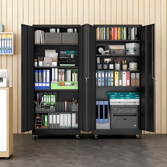 BIZOEIRON Garage Metal Storage Cabinet with Lock, 71'' Tall Storage Cabinet with Adjustable Shelves and Doors, Rolling Tool Cabinet on Wheels for Garage, Utility Room