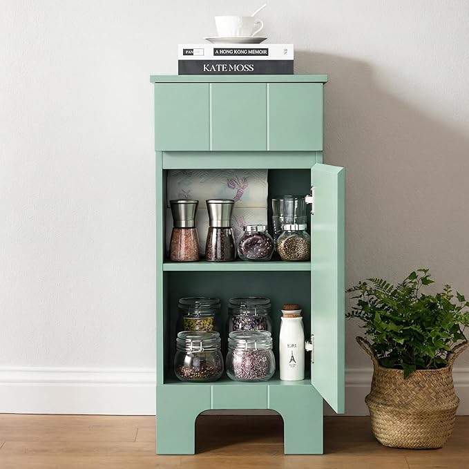 VANIRROR Small Bathroom Cabinet with Adjustable Shelves, Drawer, Anti-Tip Design, 14.96" L x 11.81" W x 32.09" H, Durable MDF for Bathroom, Kitchen, Laundry Storage, Soft-Close Door