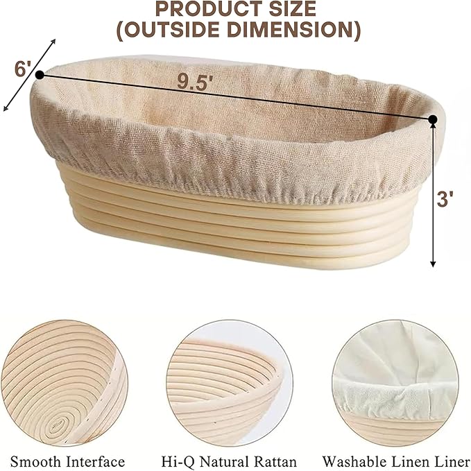 Banneton Bread Proofing Basket 2 pack 9.5 inch Oval Basket with Liner, Bread Proofing Basket Perfect for Professional & Home Sourdough Bread Baking, Artisan Sourdough Bread (Set of 2 pack 9.5" Oval)