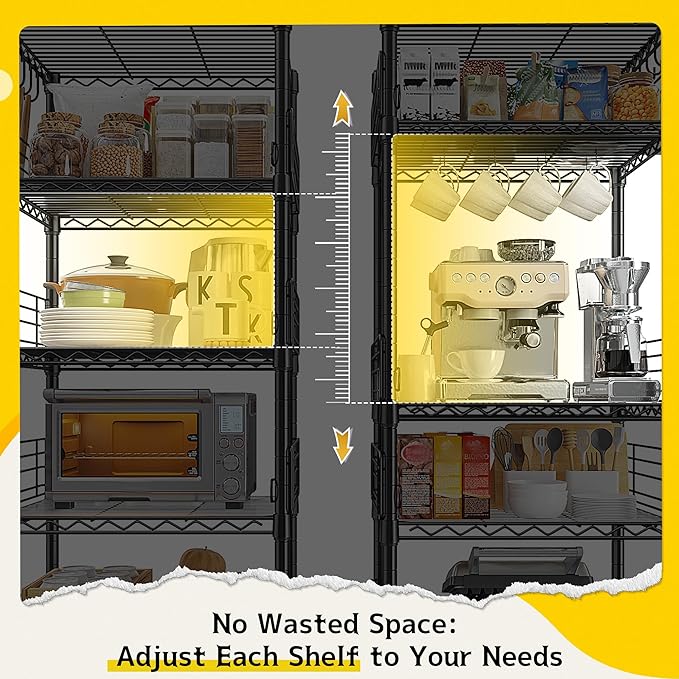 5 Tier Metal Shelving Unit Storage Shelves With Shelf Linker,Adjustable Pantry Shelves Wire Shelving with Hooks,Metal Shelf with Side Blockers for Kitchen,Closet,Office,Laundry,18.1''Wx18.1''Dx59''H