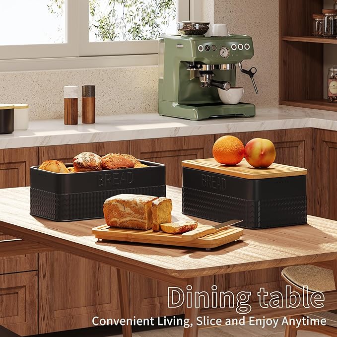 Furshus Bread Box for Kitchen Countertop,Metal Bread Storage Bin with Bamboo Cutting Board Lid, Includes Bread Knife, Fits Sourdough & Buns, Stylish Organize (Black)