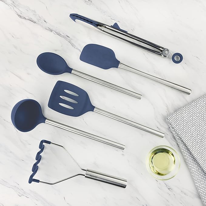 Tovolo Silicone Cooking Utensil Set of 6 Deep Indigo Ladle Slotted Turner Tongs Flex Core Spatula Scraper Mixing Spoon and Potato Masher, Dishwasher Safe Non Toxic BPA Free Silicone Kitchen Utensils