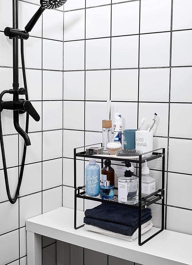Shantton 2 Pack Kitchen Cabinet Shelf Counter Organizer Rack Pantry Storage Bathroom Bedroom Office Table Desk Space Saving Steel Frame Stackable Rust Resistant Non Slip Black