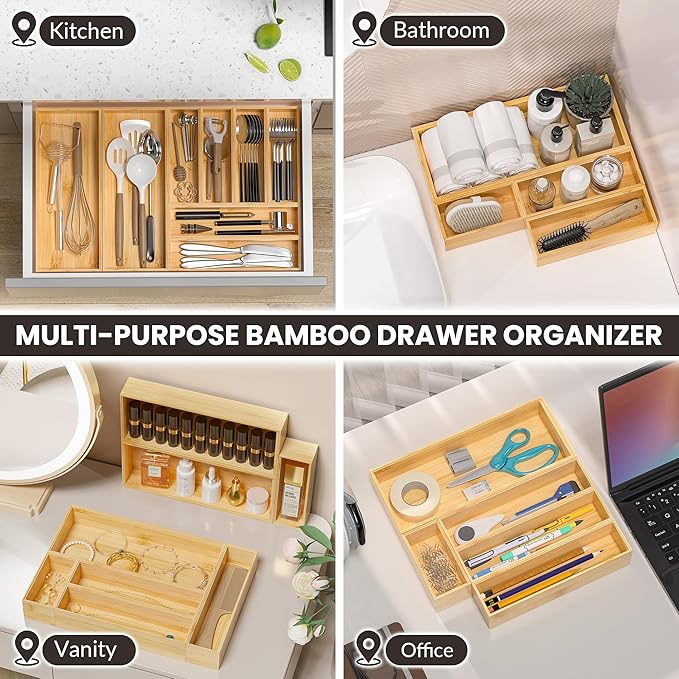 Greatseas Kitchen Drawer Organizer Bins, Stackable Bamboo Drawer Organizer for Silverware, Flatware, Coffee Pod Organizer K Cup Holder for Countertop, 2 Pcs Coffee Station Organizer 12" x 6" x 2.5"
