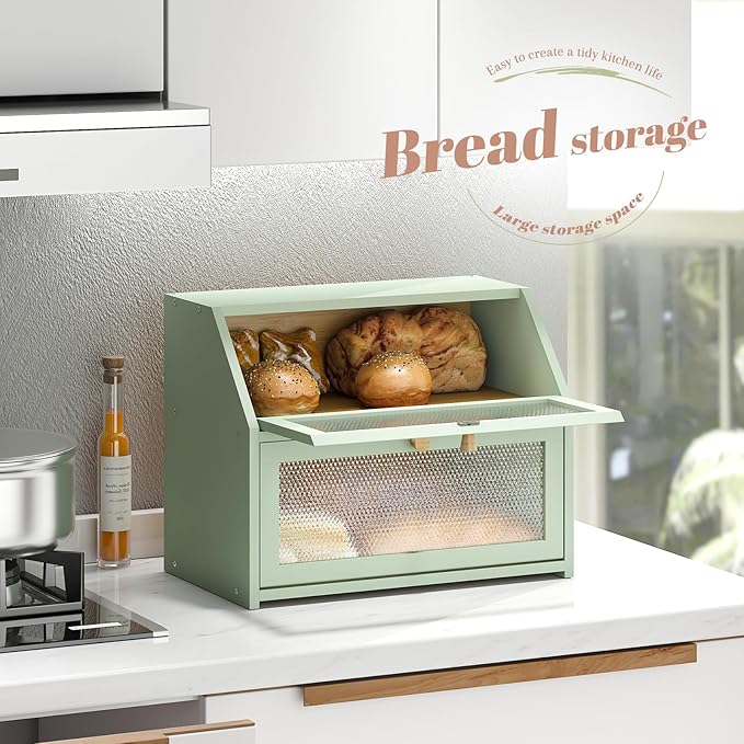 STDDRE Bread Box for Kitchen Countertop Bin Double Layer Bread Box Storage Container Extra Large Capacity Farmhouse with Diamond Pattern Windows (Green, Large)