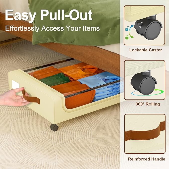 GoMaihe Under Bed Storage with Wheels: XXL Underbed Storage Containers with Lids - Rolling Bins for Shoes Clothes in Dorm Bedroom - Metal Drawers Easy Pull-out Beige 4-Pack