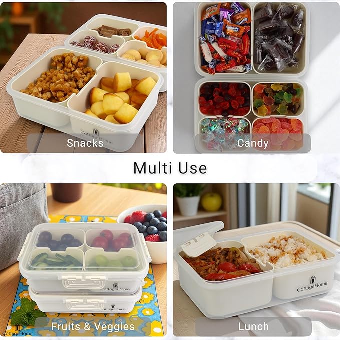 2 Pack Mini Snackle Box Container - 4 Compartment Divided Serving Tray with Lid for Meal Prep, Lunch, School - Dishwasher Safe, Reusable Travel Snack Box for Candy, Fruits, Snacks