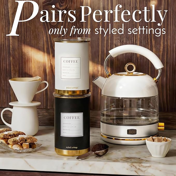 STYLED SETTINGS Vacuum Coffee Canister with Airtight Lid – Dual-Lid Airtight Coffee Canister with Scoop and Label for Beans and Grounds, Food Storage Container -White and Gold Kitchen Accessories