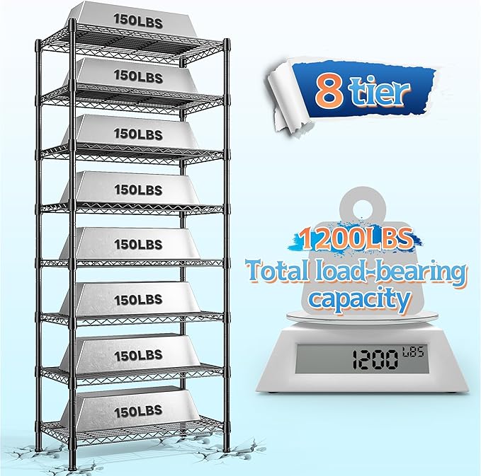 8 Tier Storage Shelves Wire Shelving Unit 1200LBS,Metal Shelving Adjustable and Heavy Duty Shelves for Storage Rack,Pantry Shelves Kitchen Office Industrial Commercial 72H X 13.8D X 23.6W
