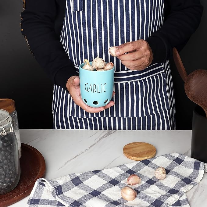 Ceramic Garlic Keeper for Counter, Garlic Saver Container with Wood Lid, Garlic Keeper for Kitchen, Garlic Holder to Keep Your Garlic Cloves Fresh Longer (Turquoise)