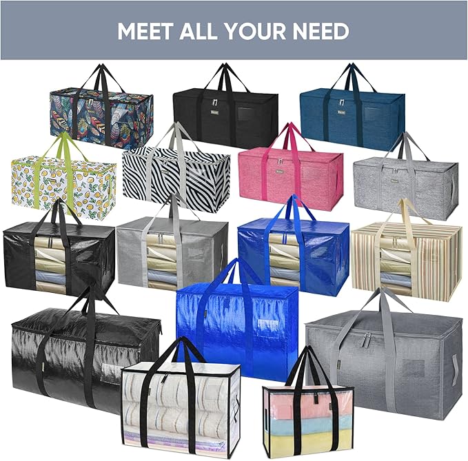 BALEINE 8-Pack Oversized Moving Bags with Reinforced Handles, Heavy-Duty Storage Tote Moving Supplies for Packaging, Camping (Color Stripe, 8-Pack)