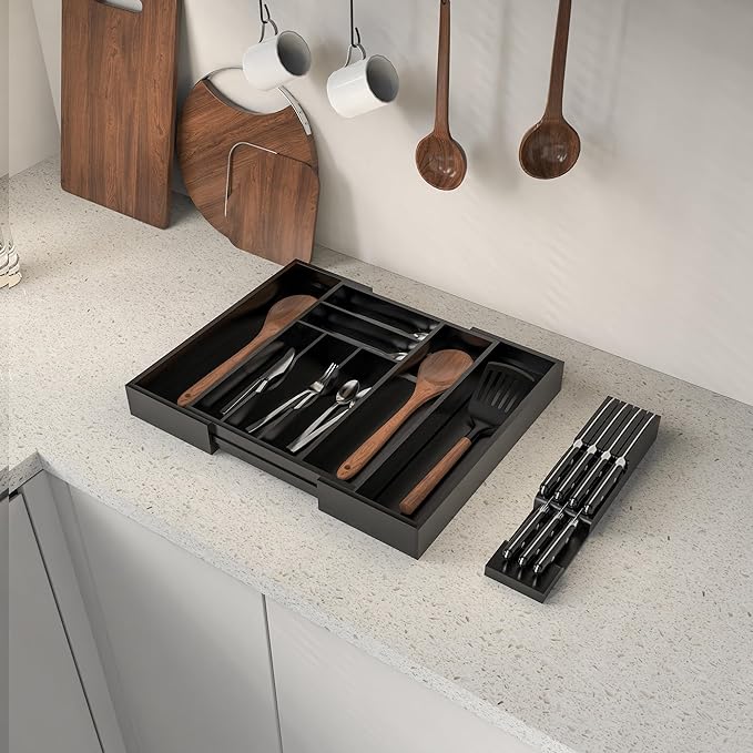 Thalomely Bamboo Kitchen Drawer Organizer, Expandable Silverware Organizer with Removable Knife Block, 6-8 Slots- Utensil Holder & Cutlery Tray Drawer Dividers, 2.36" Deep for Extra Capacity, Black