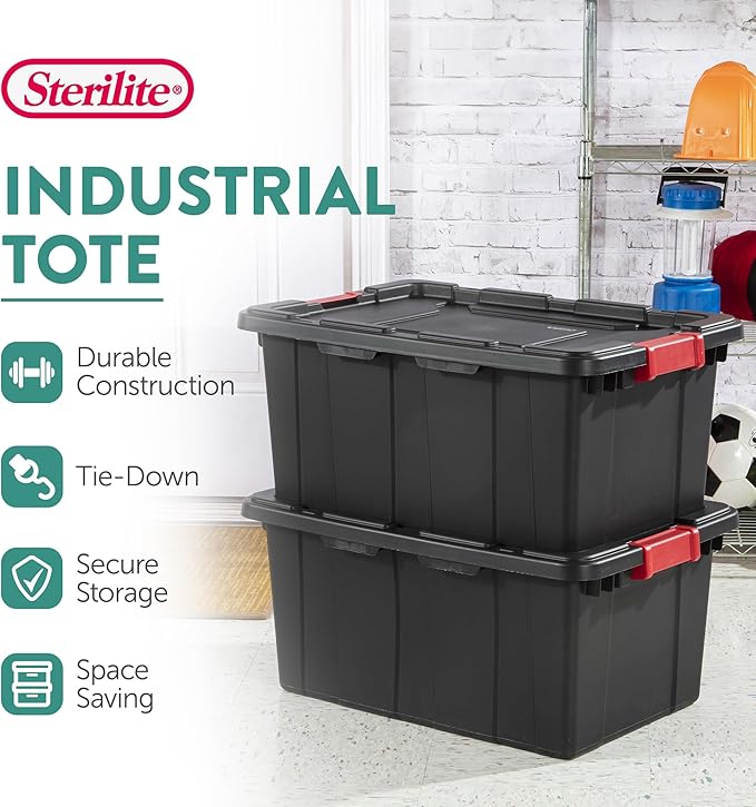 Sterilite 12-Pack Industrial Tote, Plastic Storage Bins with Lids, 15 Gallon, Black - Heavy-Duty Organizing Containers for Closet, Bathroom, and Office