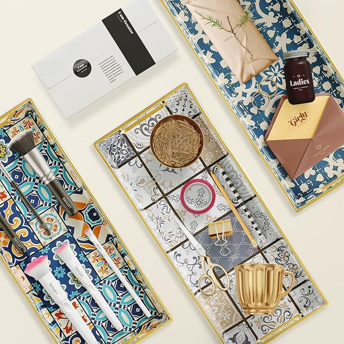Leemxiiny Bathroom Vanity Tray for Countertop, Small Plastic Toilet Tank Tray Versatile Storage & Organization Tray for Makeup, Perfume, Desk, Kitchen, Candles, 13.7"x6"x1.4", 35Boho1