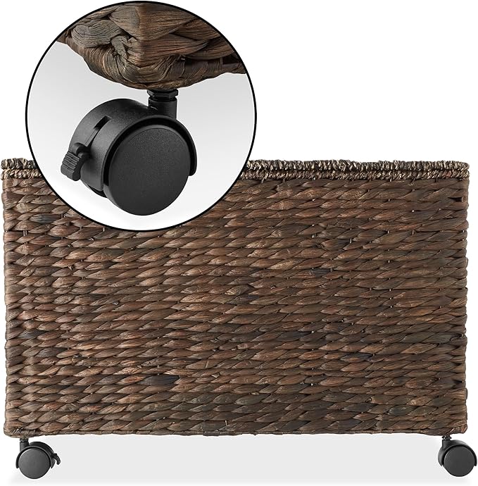 Casafield Rolling Storage Basket Cart with Lid and Locking Wheels, Espresso - Handwoven Water Hyacinth Divided Recycling Sorting Bin for Kitchen, Laundry Room, Garage