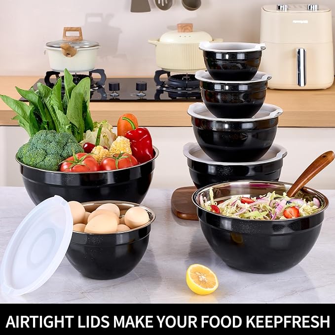 LKTDYMEG Black Mixing Bowls with Lids Set of 7, Stainless Steel Nesting Bowl with Khaki Lid for Non-slip Mixing Prepping Storing Serving, 7 Sizes-7/3.6/2.7/2.1/1.5/1/0.8 QT