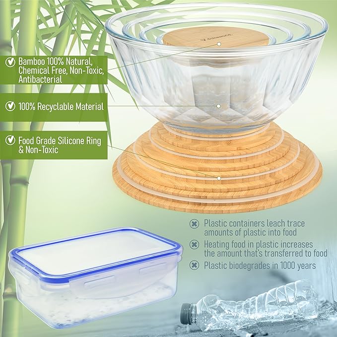 dokaworld Large Stackable Set of 5 Nesting Glass Bowls with Bamboo Lids for Foodprep, Storage, Baking, Sourdough Mixing & Cooking. Microwave & Oven Safe Heat Resistant Inert Borosilicate Glass