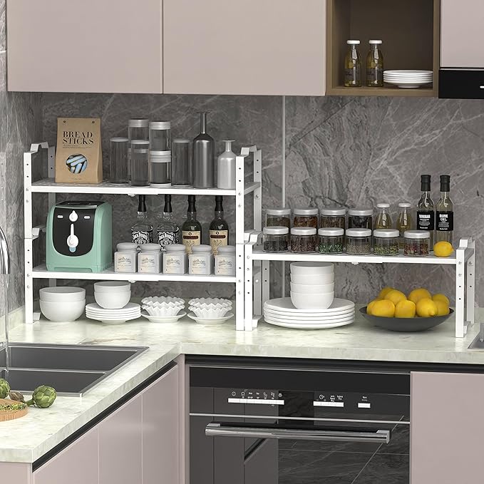 Jojocross Expandable Shelf for Cabinet Organizer Adjustable Stackable Spice Rack at Kitchen and Bathroom More, Counter Countertop Cupboard Organization Pantry Storage, (2 Packs/White, Large)