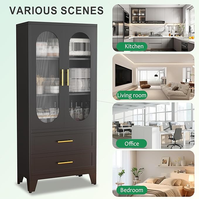 pozdeg Metal Garage Storage Cabinet, Kitchen Pantry Storage Cabinet with 2 Drawers and 2 Adjustable Shelves Versatile Storage for Homes Offices Gym Basement Warehouse (Black)