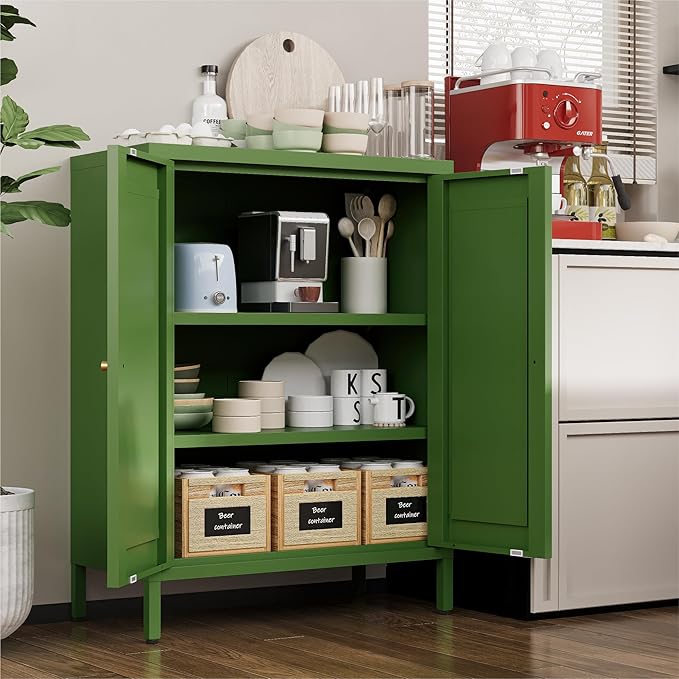 Small Metal Cabinet, Storage Cabinet with 2 Adjustable Shelves and 2 Doors,Freestanding Sideboard for Small Spaces, Living Room, Home Office, Dining Room(1PC,Forest Green)