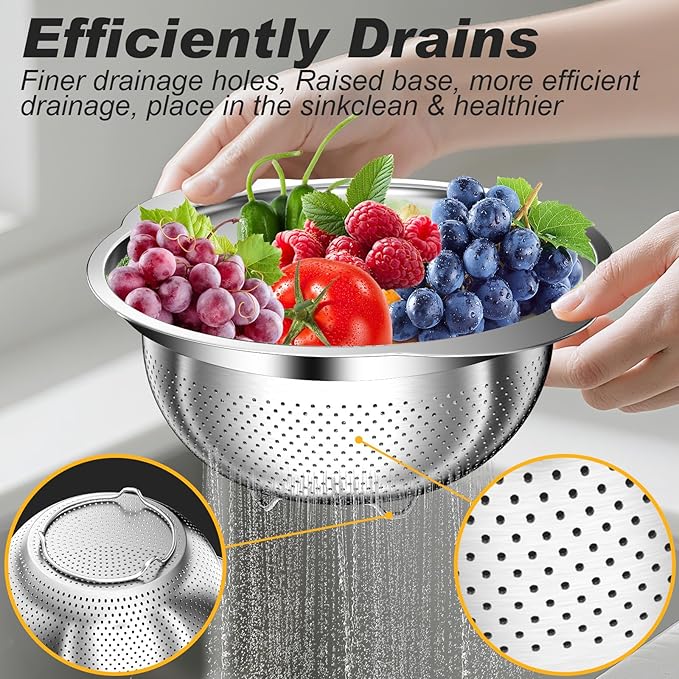 Colander, Stainless Steel Colander for Kitchen, 3Pcs Kitchen Gadget Food Strainer Basket with Handle, Kitchen Strainer Colanders Bowl for Pasta Noodles Spaghetti Vegetables Fruit (1QT, 2QT, 5QT)