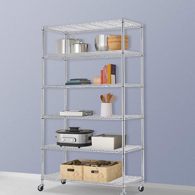 BestOffice | 6-Tier Wire Storage Shelves with Wheels | 18x48x82 | Chrome | Adjustable Racks | Heavy-Duty Metal Shelf, Holds Upto 510 lbs | No-Tool Assembly | Ideal for Home & Garage Shelving