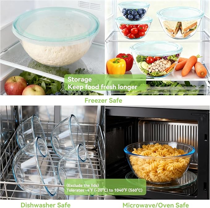 YUANYE 4 Pack Glass Mixing Bowls with Lids Set (3/1.7/0.9/0.6QT),Thick Glass Large Salad Bowl Set, Nesting Kitchen Bowls for Serving, Prepping, Cooking and Baking, Dishwasher, Oven,Microwave Safe