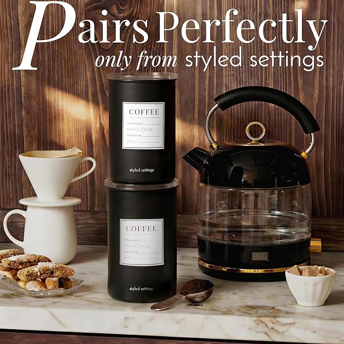 STYLED SETTINGS Vacuum Seal Coffee Bean Container Set – 2-Piece Stainless Steel Coffee Canisters with Scoop and Labels, Matte Black Dual-Lid Airtight Design, 1.5 lb Capacity Each - Coffee Gift Ideas