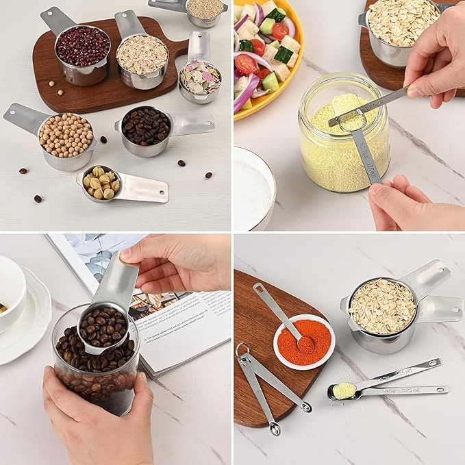zoyizi Measuring Cups Set 7, 18/8 Stainless Steel Measuring Cups for Kitchen & Baking, Metric & US Measure Cups for Dry and Liquid, Metal Measuring Tools with 1/8, 1/4, 1/3, 2/3, 3/4 Measure Cups