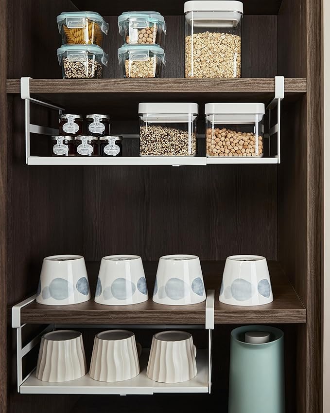 Selosiz 2Pack Under Shelf Storage Basket Organizer Expandable Width Add-On Space Saver Hanging Under Cabinet Pantry Kitchen Countertop Desktop Board Slide-In White Heavy-Duty Metal Higher & Wider Size