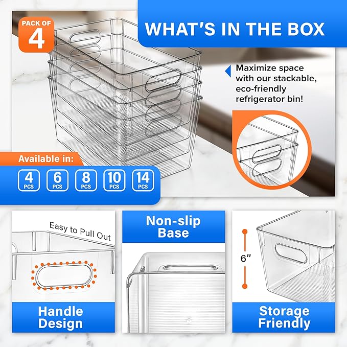 Lifemaster Stackable Refrigerator Bins - Set of 4 Large Capacity Organizers with Easy Grip Handles - Clear and Versatile for Kitchen Storage