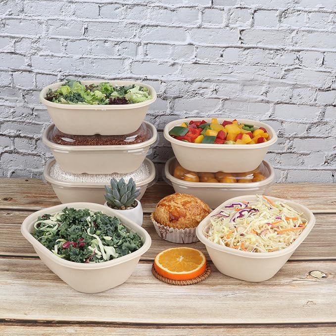 JAYEEY 25 oz Disposable salad bowls with lids, Sugarcane Fiber Paper Bowls take away Bagasse food containers meal prep deli container 50 Pack