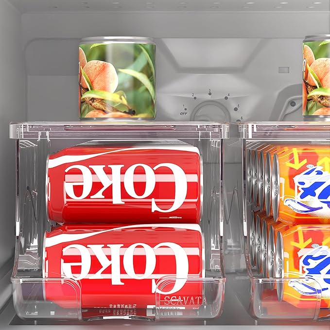 Stackable Refrigerator Organizer, Soda Can Dispenser Pop Cans Container Beverage Holder with Lid for Fridge, Freezer, Kitchen, Clear Plastic Storage Bins-Holds 10 Cans Each (Clear)