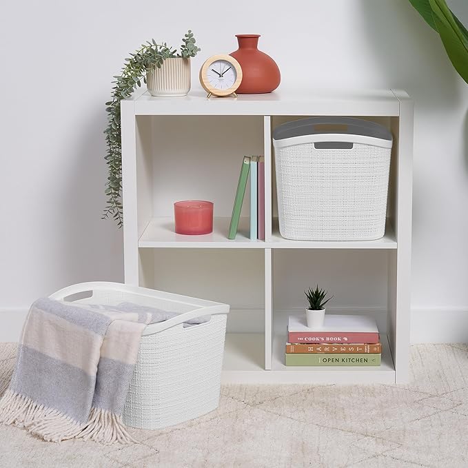 Curver Set of 2 XL 30.5L Jute Decorative Plastic Organization and Storage Baskets - Perfect Bins for Home Office, Closet Shelves, Kitchen Pantry and All Bedroom Essentials, White