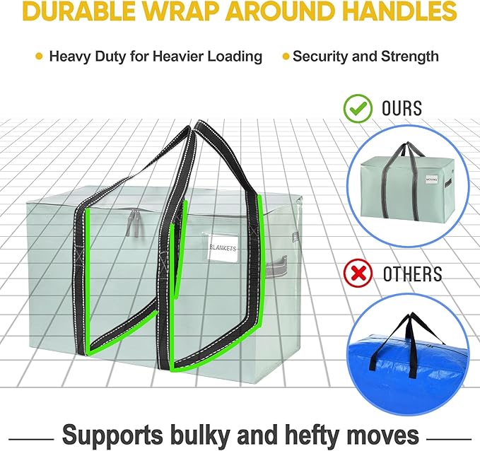 VENO 6 Pack Moving Bags and Large Christmas Storage Bins with lids. Alternative to Moving Boxes, Packing Supplies for College. Extra Large Heavy Duty Totes for Packaging (Shiny Light Green, 6 Pack)