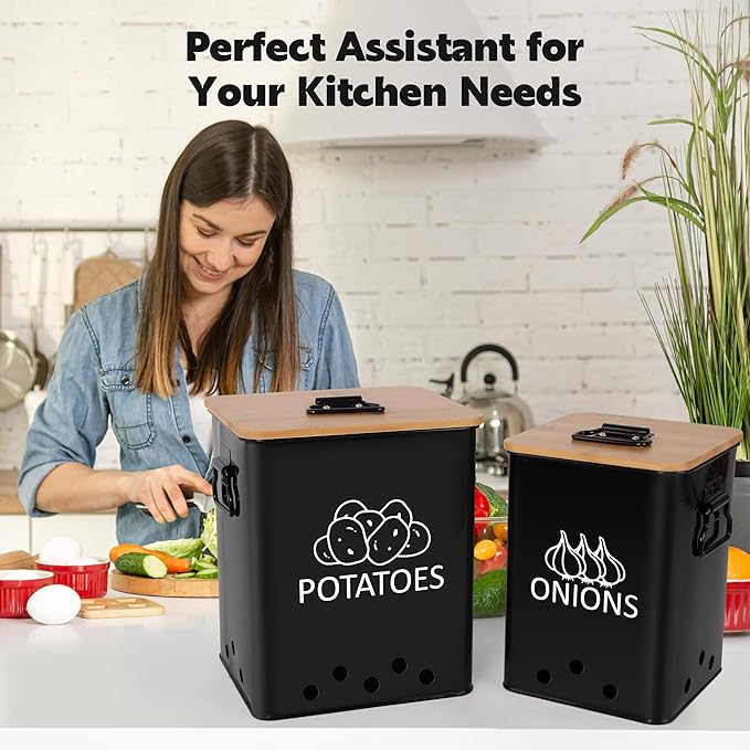 Potato and Onion Storage Bin, Set of 2 Vegetable Storage Tins with Wooden Lids & Side Handles, Dual-row Ventilation Holes, Farmhouse Metal Kitchen Canisters Sets, Black