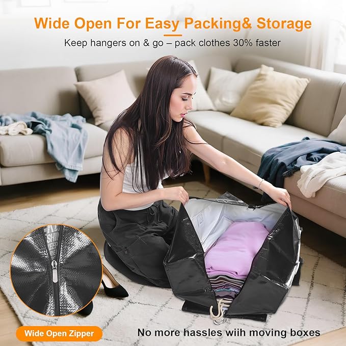 CHVEGLUZ 2 Packs Moving Bags Heavy Duty Extra Large,Storage Bags with Zipper&Handles, Sturdy&Durable Clothes Storage Bags Totes for College Dorm Essentials, Moving Boxes for College Supplies, Black