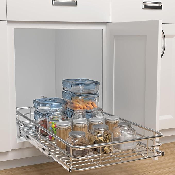 JOWBOOW Pull Out Cabinet Organizer (13.4" W x 21" D), Put Out Shelves for Kitchen Cabinets, Roll Out Drawers Heavy-Duty Metal Sliding Shelf, Bottom Mount